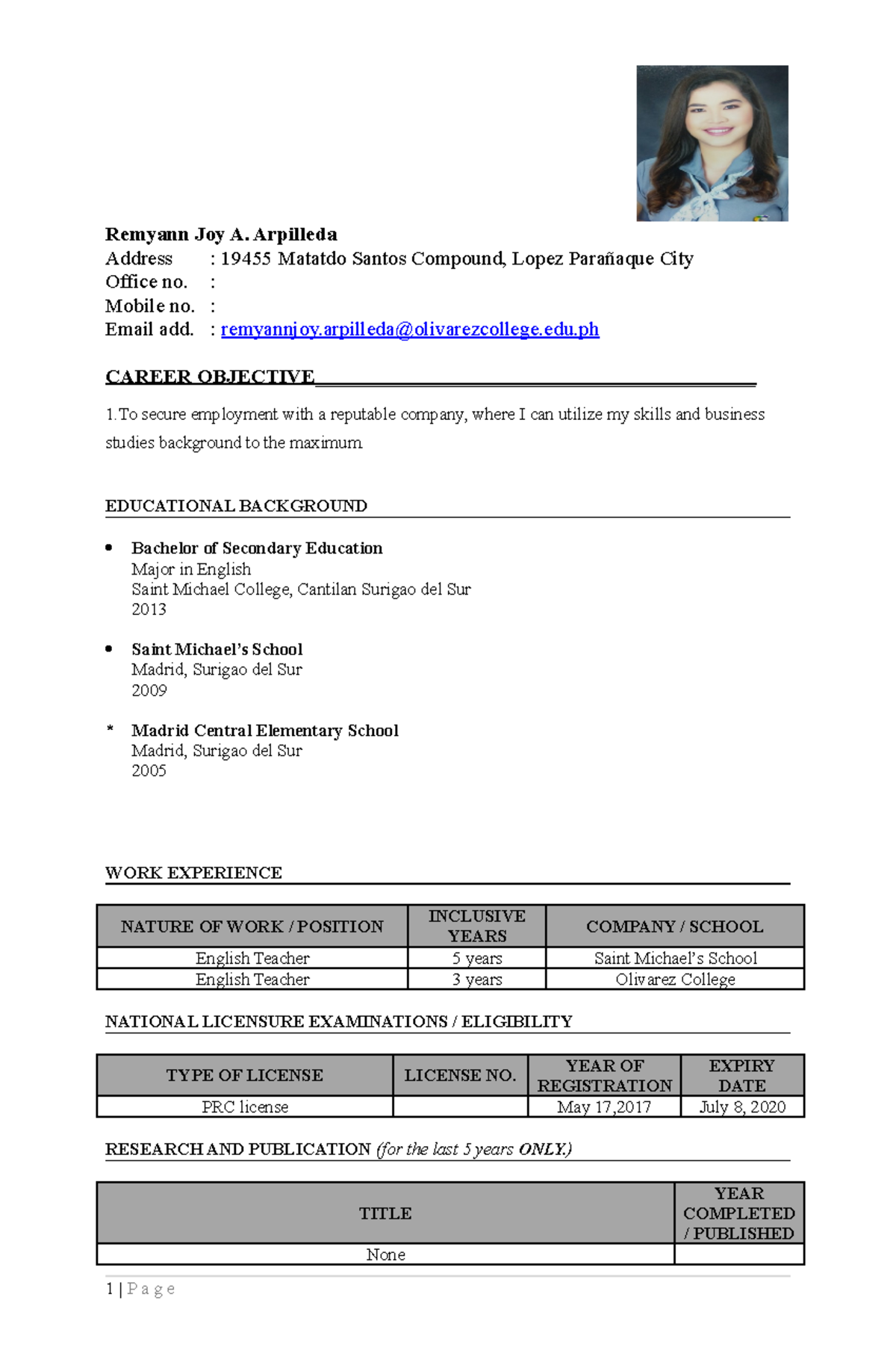 Resume Sample - Remyann Joy A. Arpilleda Address : 19455 Matatdo Santos ...