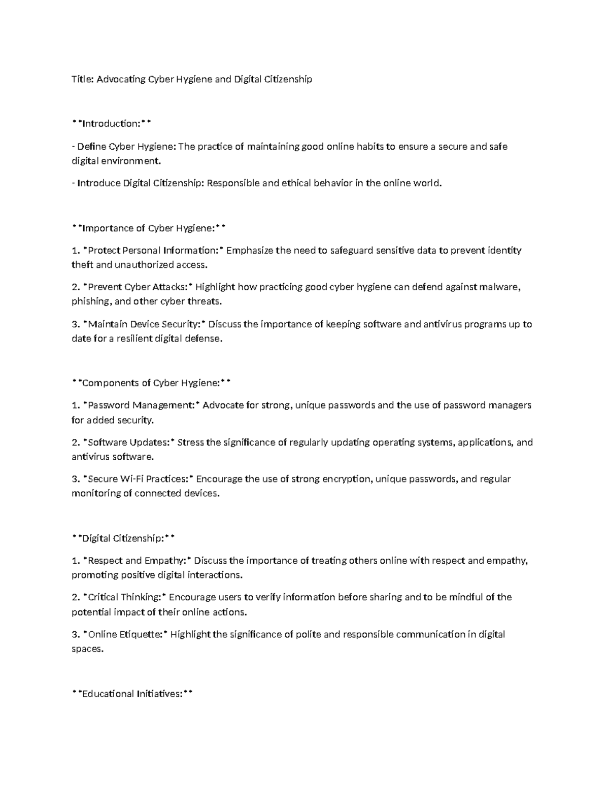 Advocacy presentation 1 Title Advocating Cyber Hygiene and Digital Citizenship Introduction