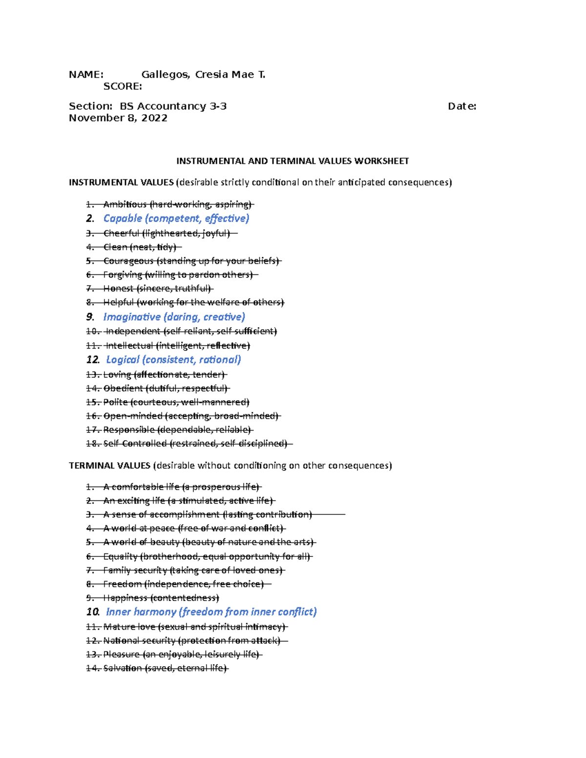 Instrumental and Terminal Values Worksheet - NAME: Gallegos, Cresia Mae ...