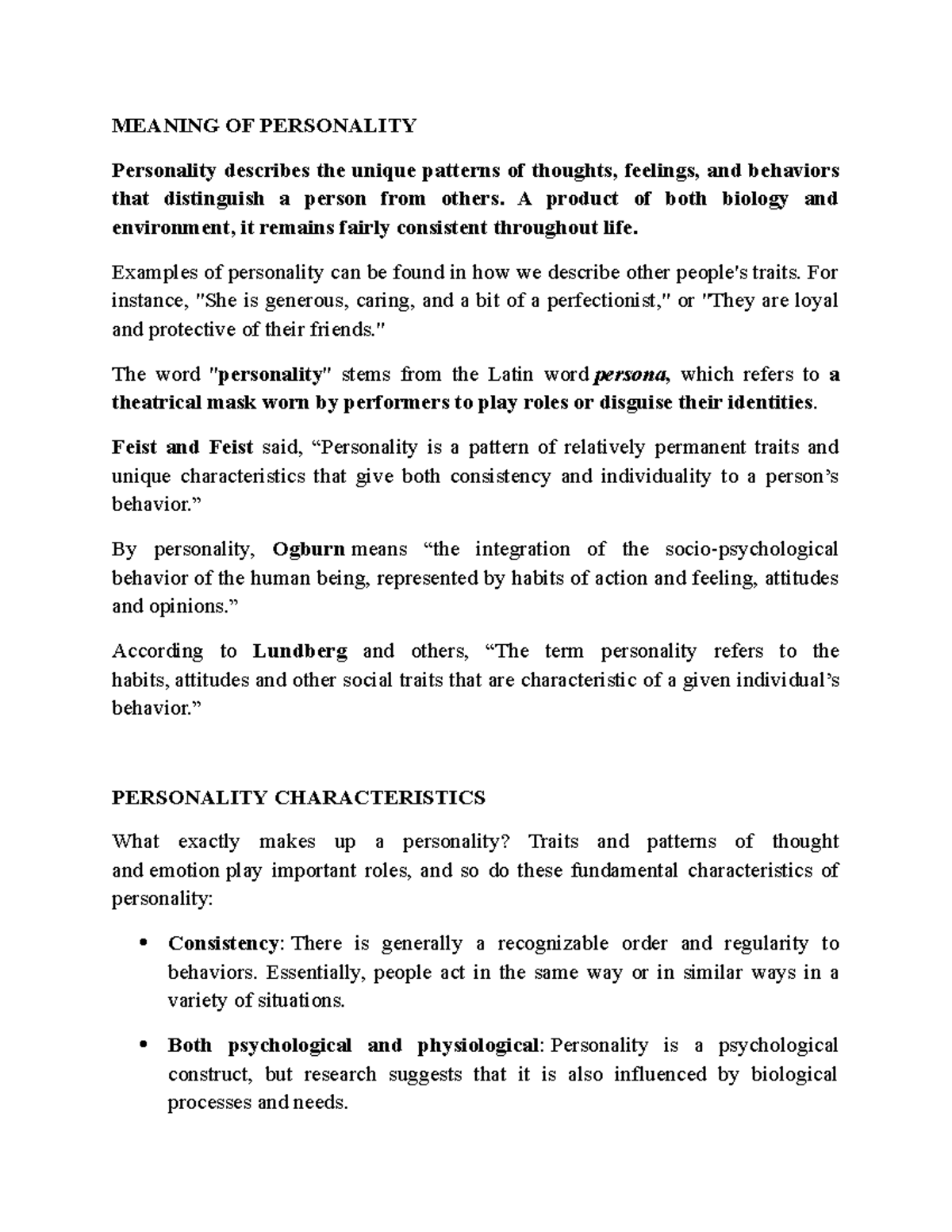 PDG Personality subject notes with grooming MEANING OF PERSONALITY