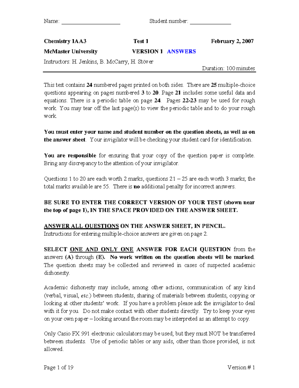 Chem 1AA3 Test 1 (Winter 2007 ) (Answers) - Chemistry 1AA3 Test 1 ...