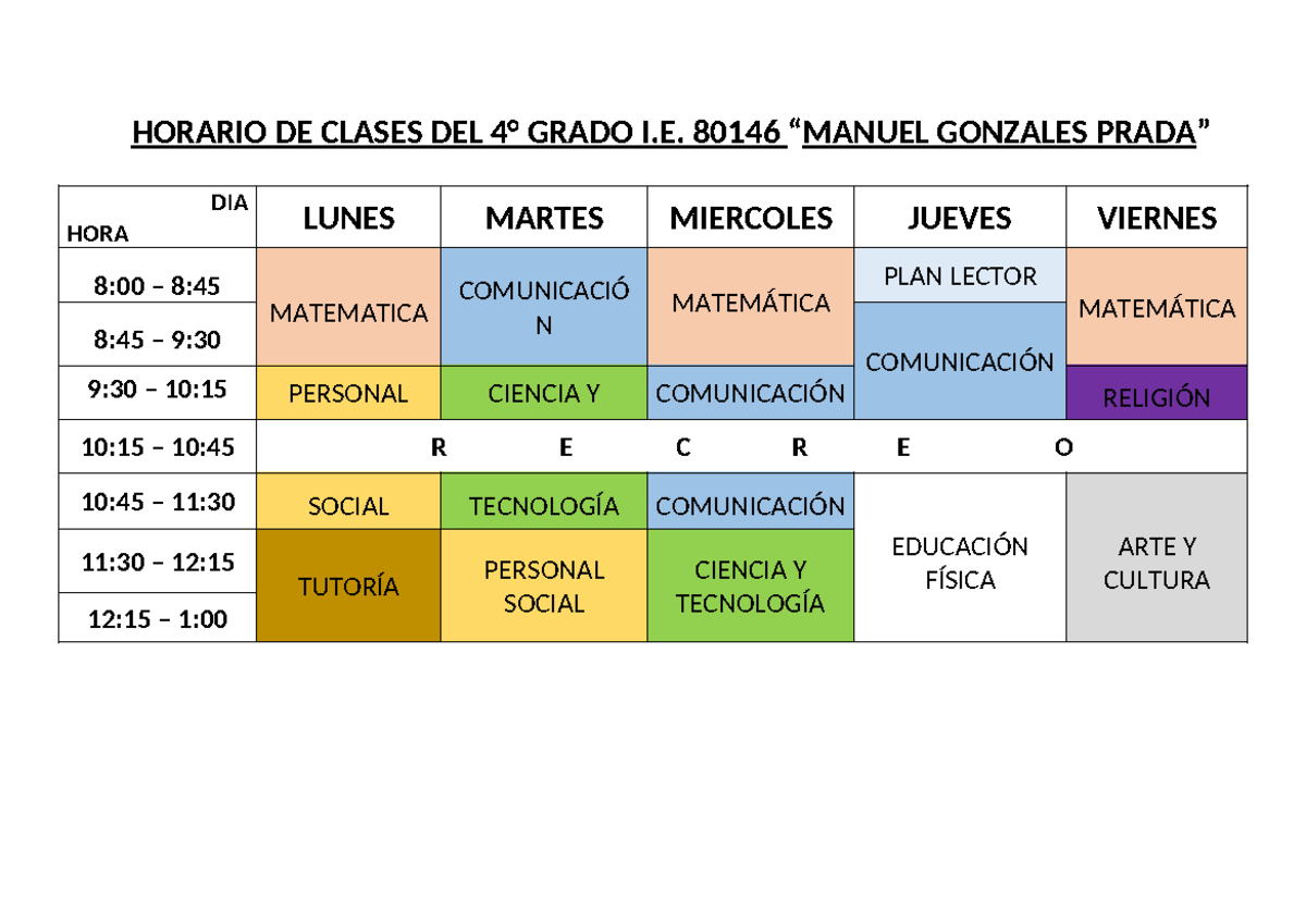 Horario De Clases De 4 Grado De Primaria