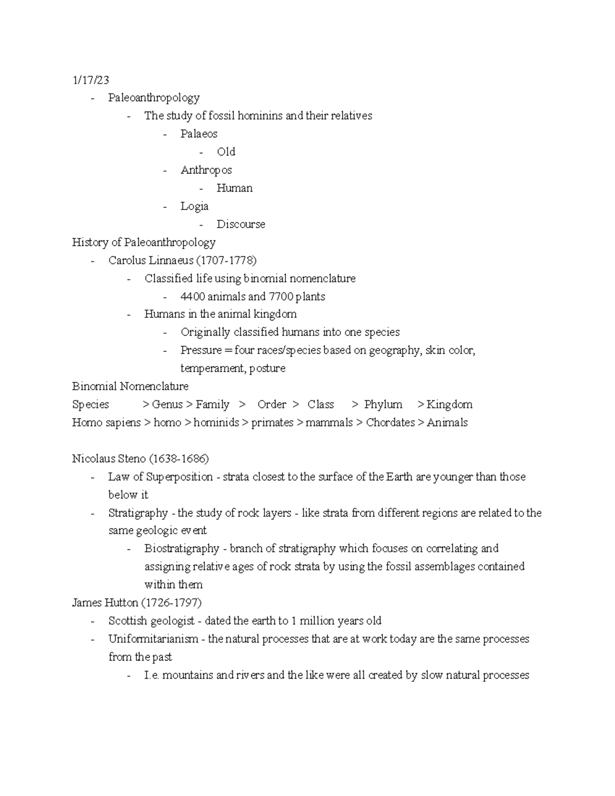 Anth 126 - Human Origins Section 1 - 1/17/ Paleoanthropology The study ...