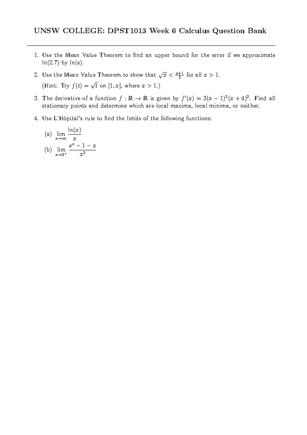 In Class Calculus Week 6 - UNSW COLLEGE: DPST1013 Week 6 Calculus ...