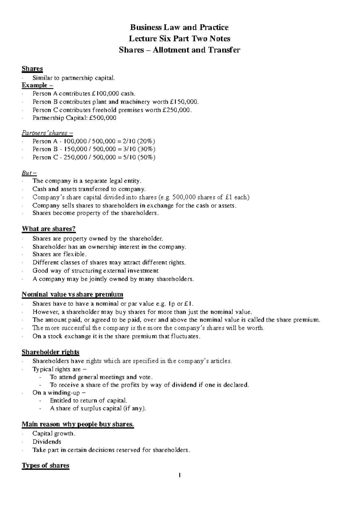 Lecture Six Pt 2 Notes - Business Law and Practice Lecture Six Part Two ...