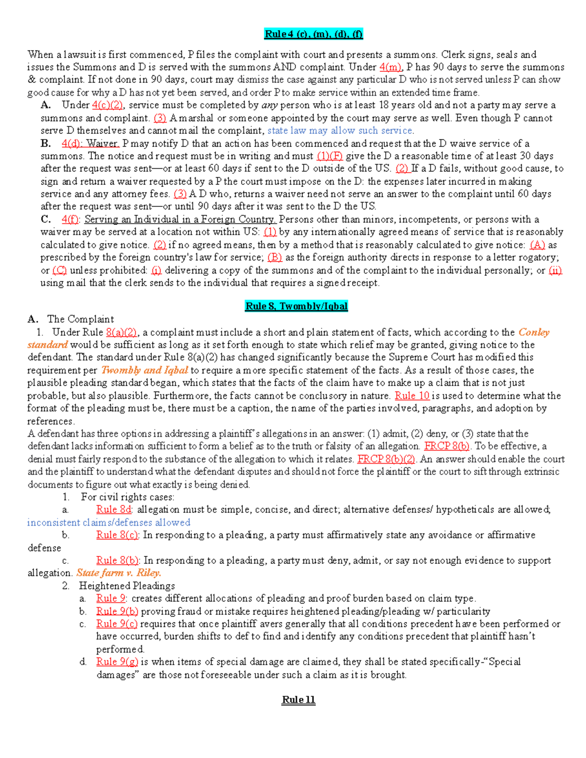 Final outline - Rule 4 (c), (m), (d), (f) When a lawsuit is first ...