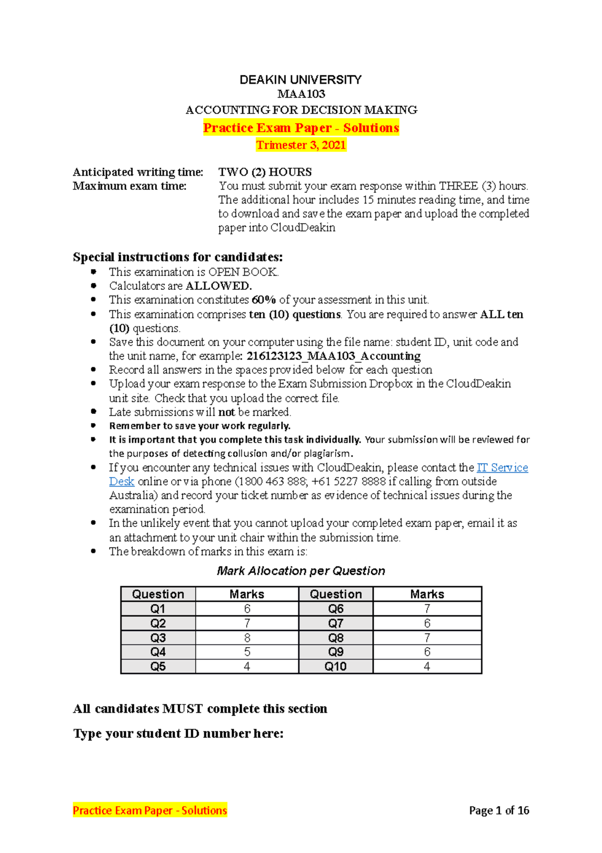 MAA103 T3 2019 Practice exam 3 solutions - DEAKIN UNIVERSITY MAA ...