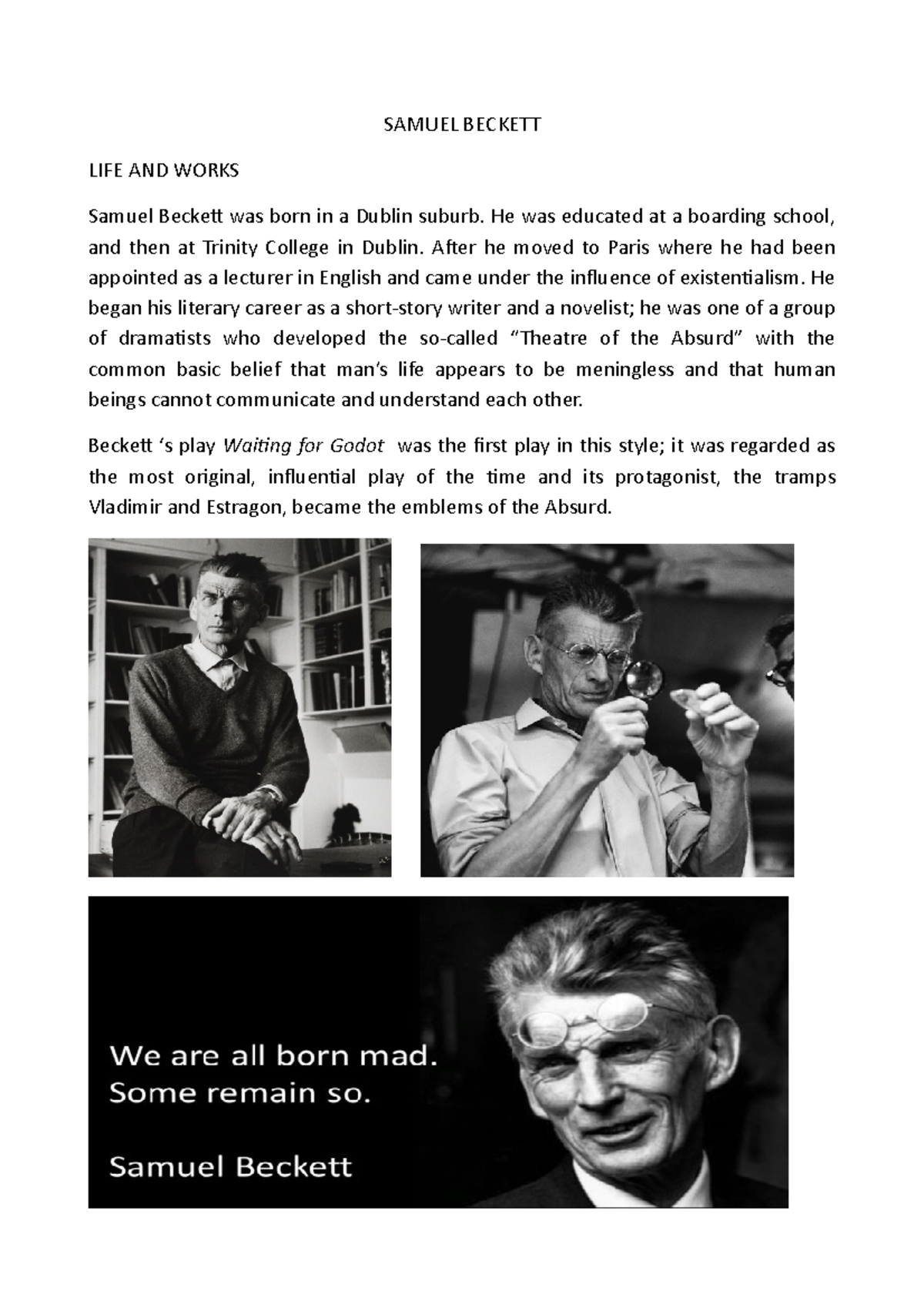 Samuel Beckett AND THE Theatre OF THE Absurd - SAMUEL BECKETT LIFE AND ...