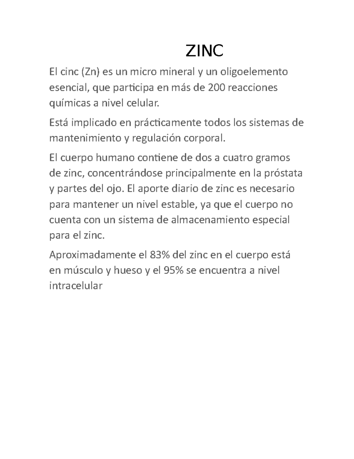 ZINC ZINC El cinc (Zn) es un micro mineral y un oligoelemento StuDocu