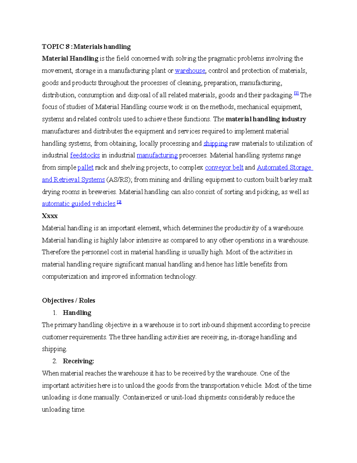 Topic 5 Materials handling TOPIC 8 Materials handling Material