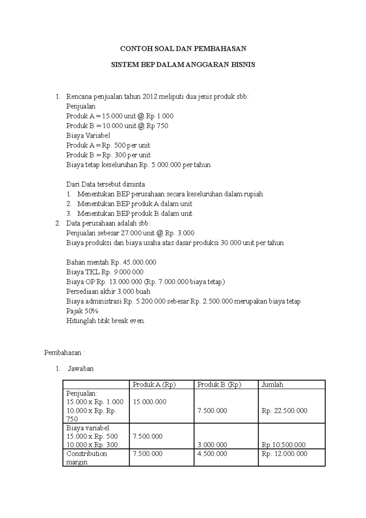 Contoh Soal Dan Pembahasan Sistem BEP Dalam Anggaran Bisnis - CONTOH ...