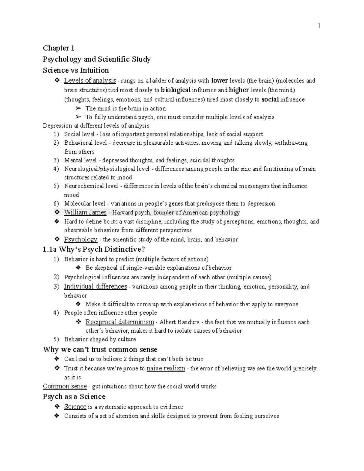 Psych exam 1 review - Chapter 1 Psychology and Scientific Study Science ...