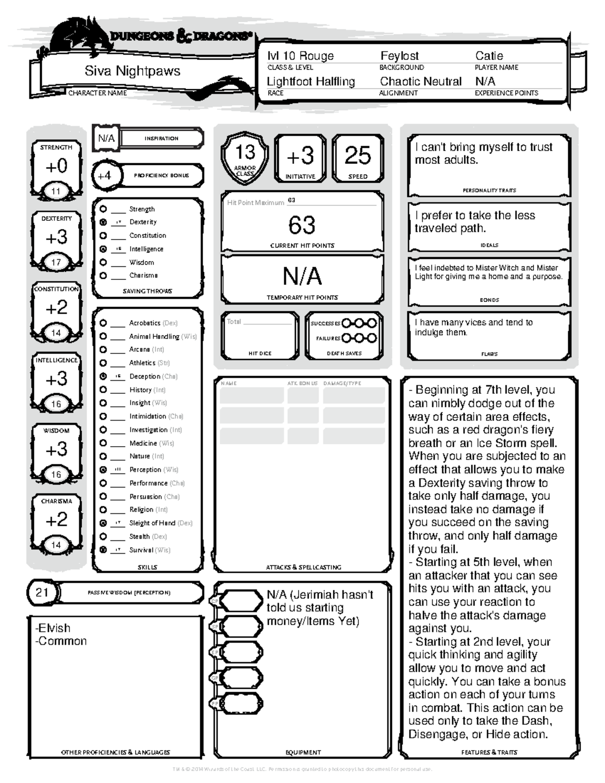 Catie DND Sheet n - ES and PY 211 DATA - RACE CLASS & LEVEL PLAYER NAME ...