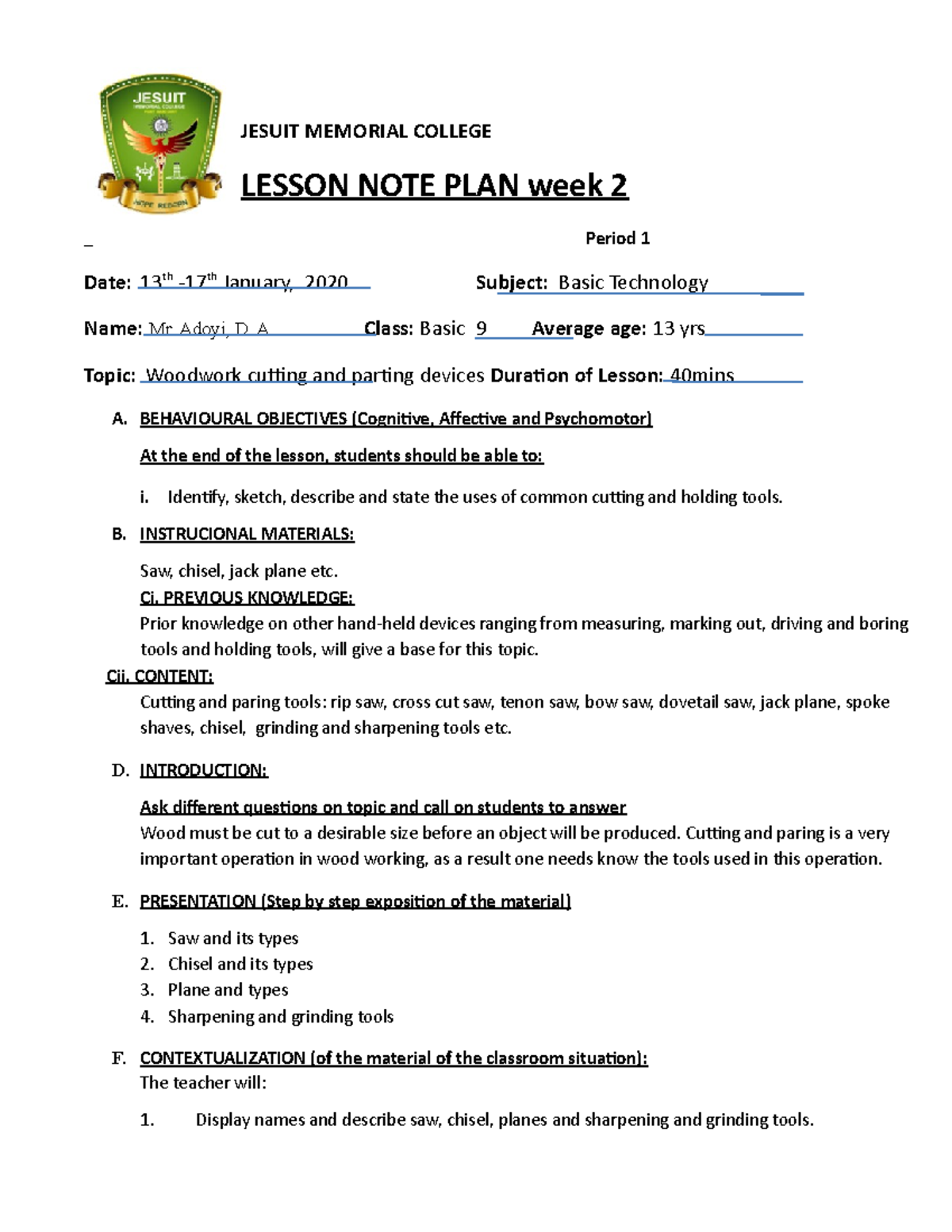 WOOD Workhand Cutting AND Paring Tools - JESUIT MEMORIAL COLLEGE LESSON ...