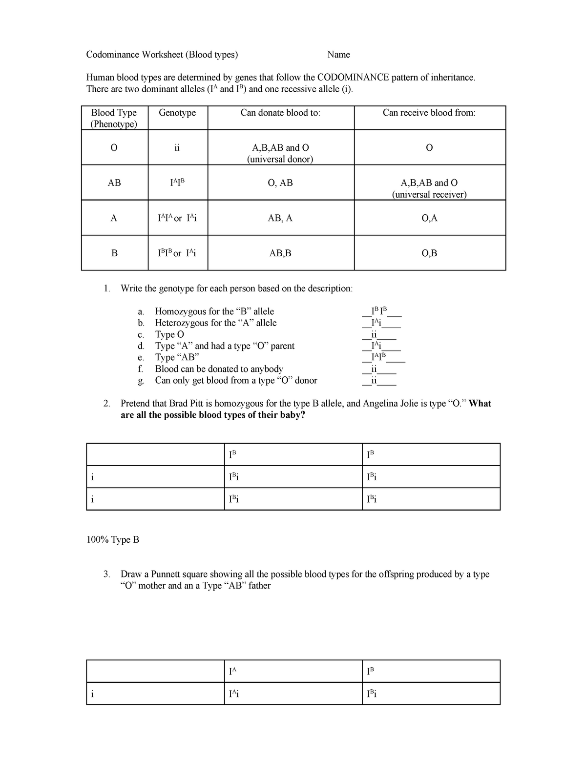 Codominance Worksheet (Bloodtypes) - There are two dominant Within Codominance Worksheet Blood Types