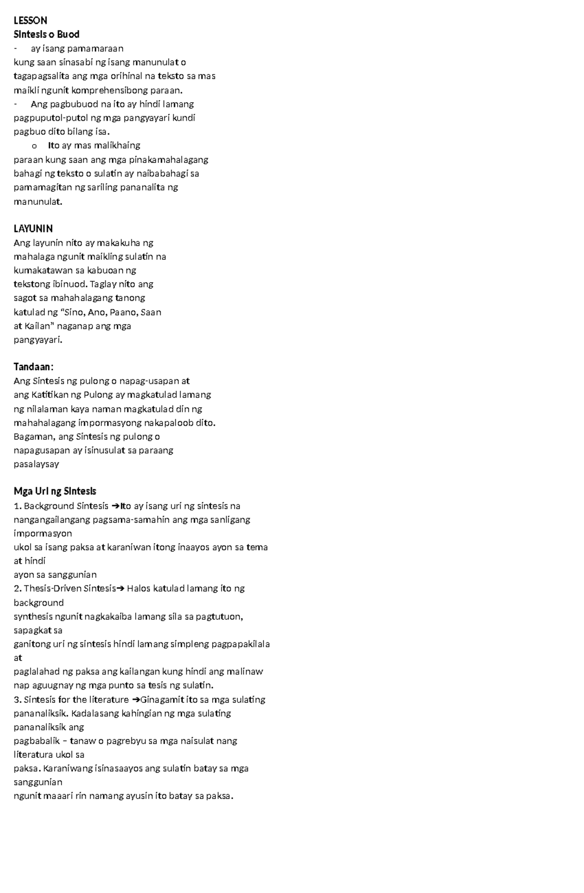 Piling larang 2nd quarter notes LESSON Sintesis o Buod ay isang pamamaraan kung saan sinasabi