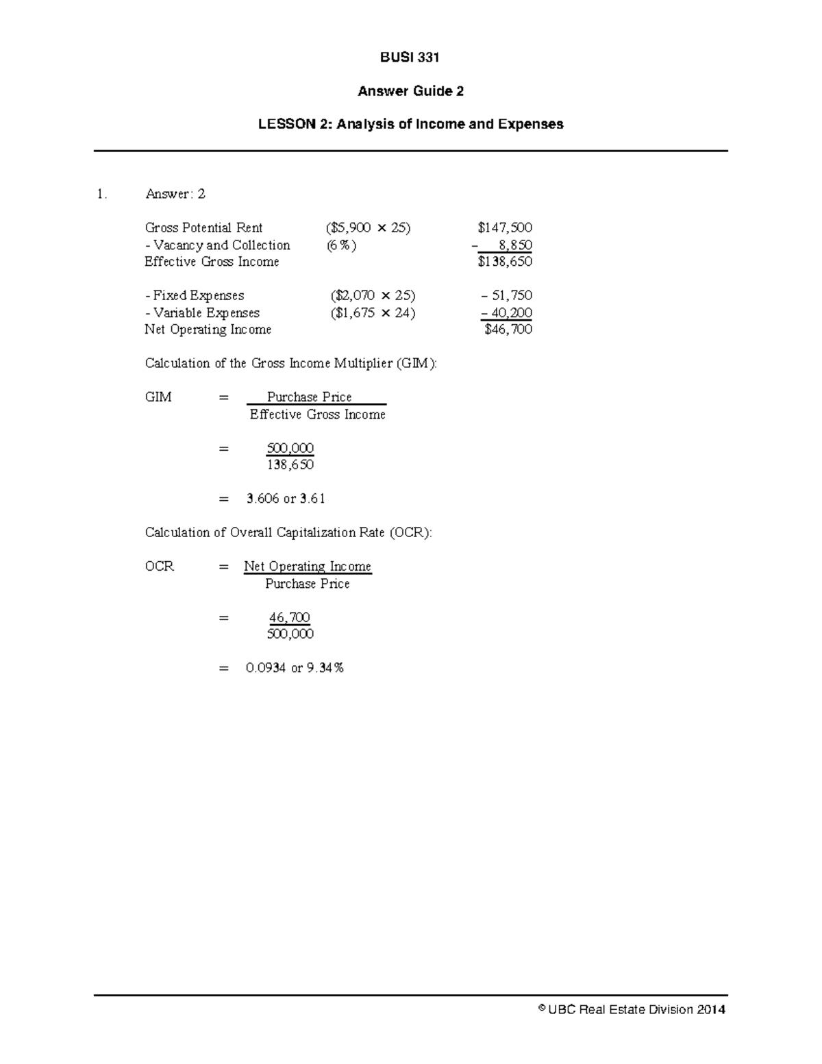 Assignment #1, Busi 331 - BUSI 331 Answer Guide 2 LESSON 2: Analysis Of ...