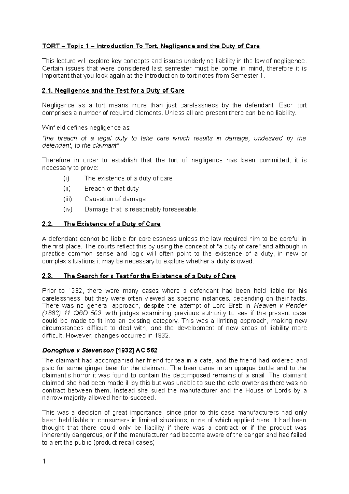 Topic 1 lecture notes - tort of negligence - LLB1TOR - LSBU - Studocu