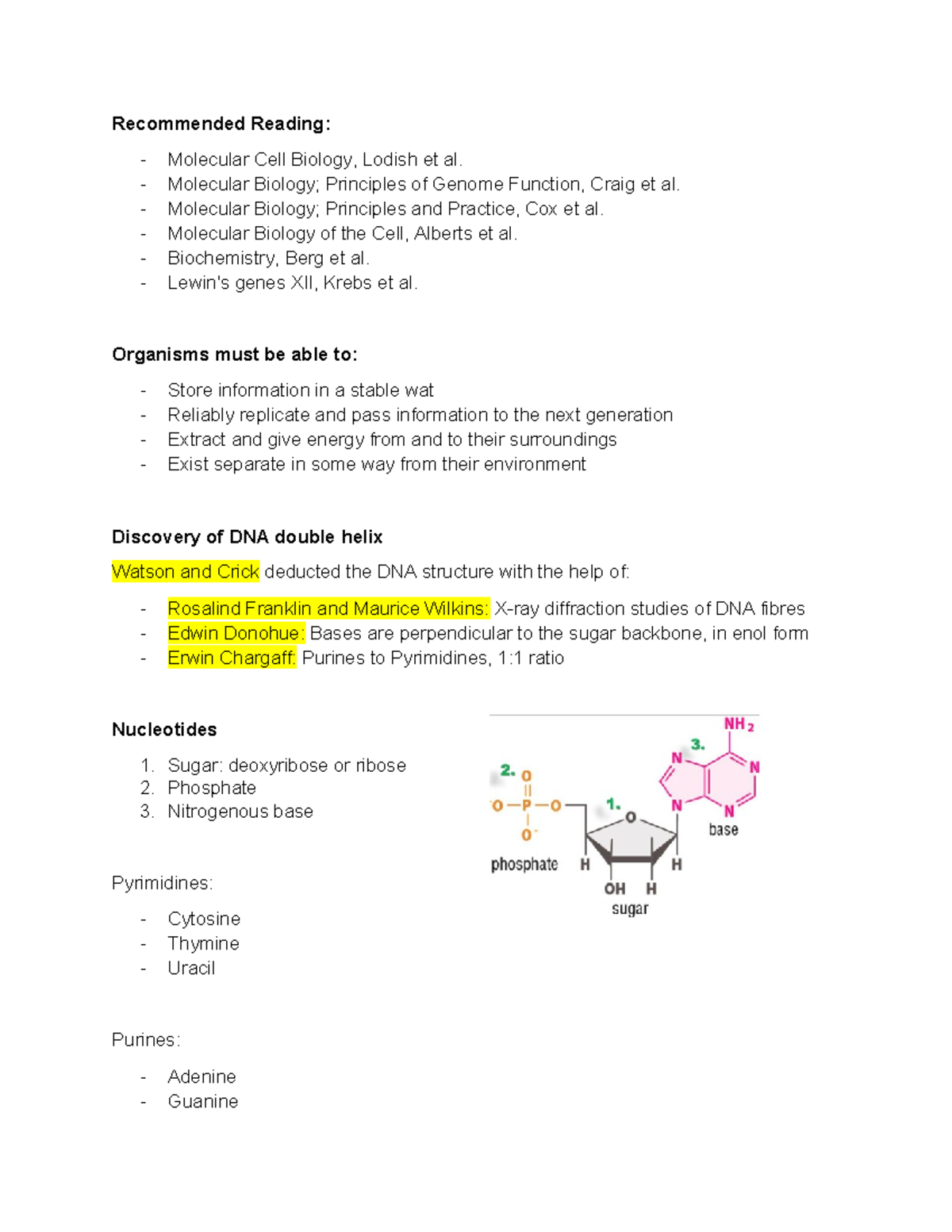 Lecture 1 bioc0007 DNA structure and function - Recommended Reading ...