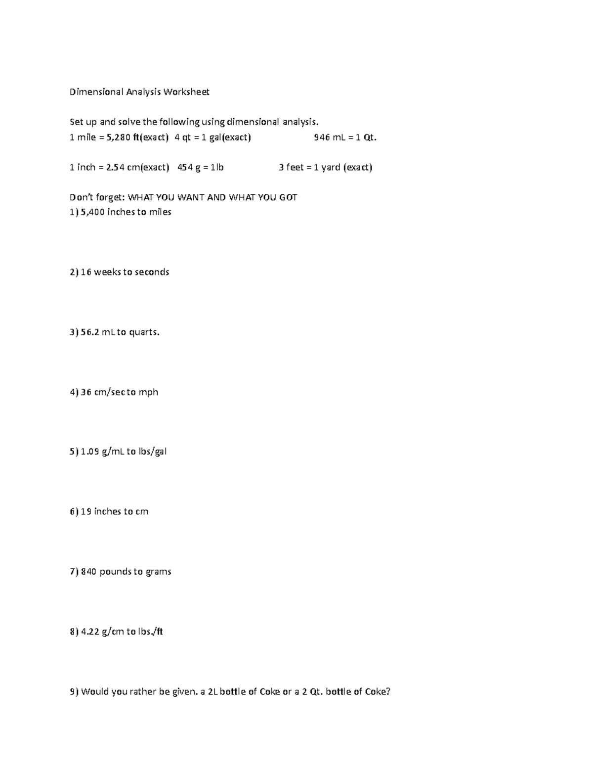 Dimensional Analysis Worksheet 1 Inch 2 Cm exact 454 G 1lb 3