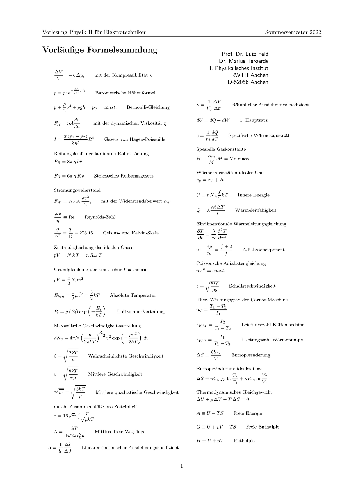 Formelsammlung Vorlaeufig - Vorlesung Physik II Fur Elektrotechniker ̈ ...