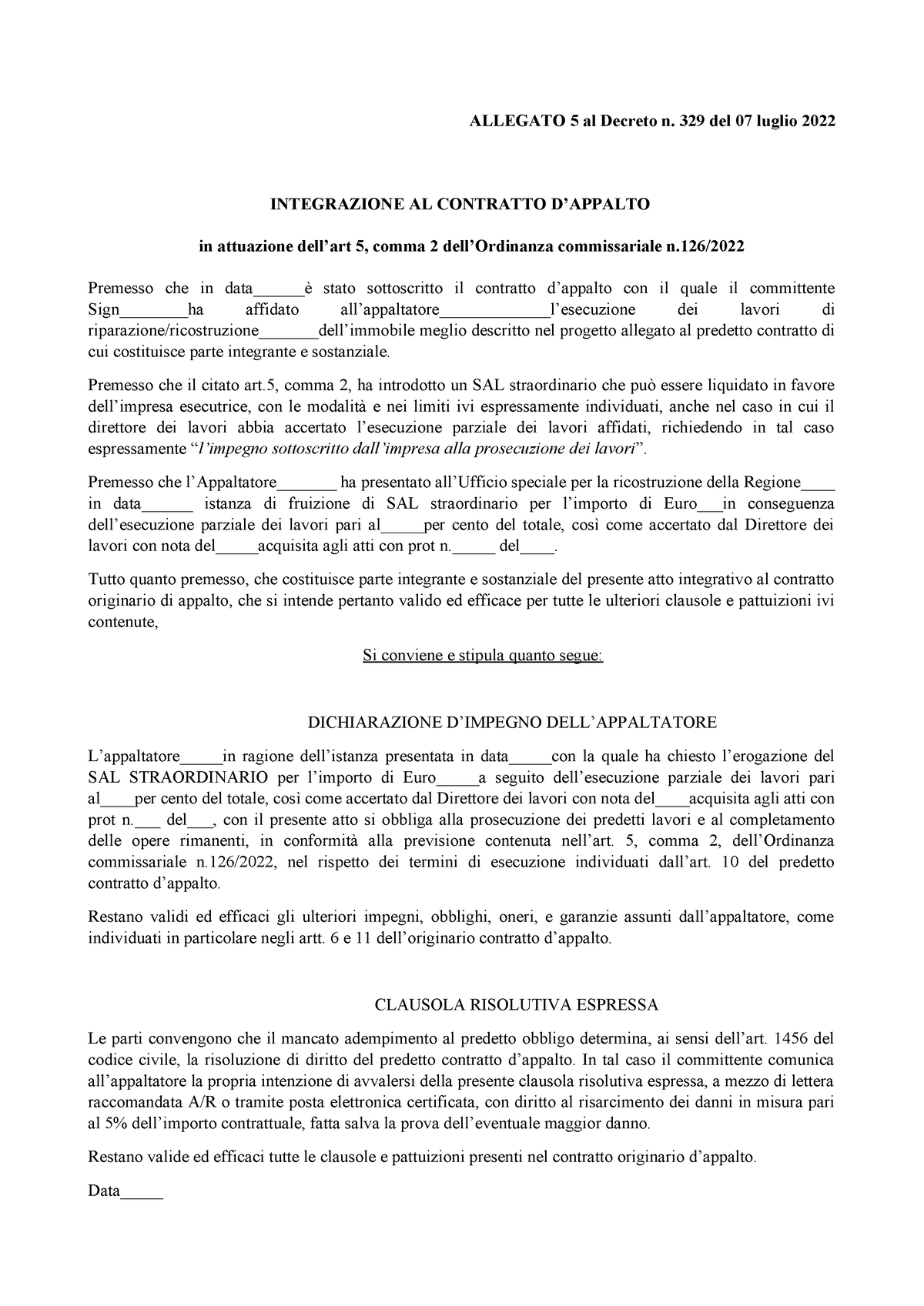 ALL 5 Integrazione Contratto Appalto - ALLEGATO 5 Al Decreto N. 329 Del ...