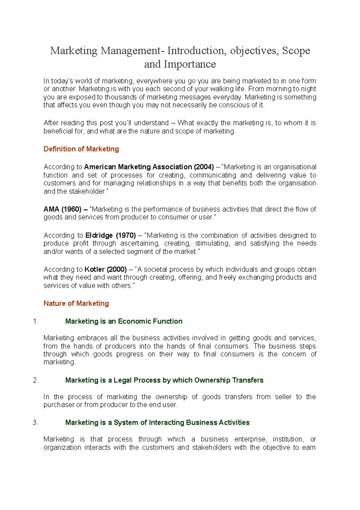 Unit 1 Marketing Management Notes MBA I Marketing Management 