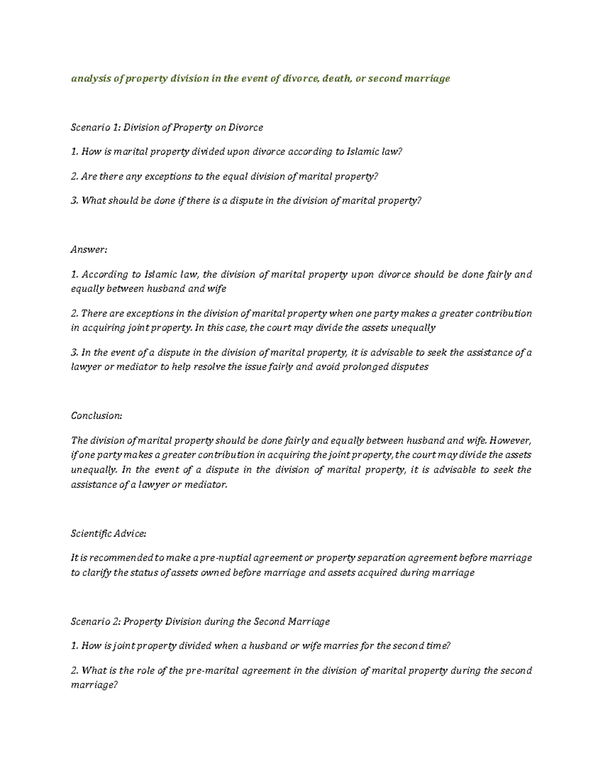 Family and matrimonial law case scenario 7 analysis of property
