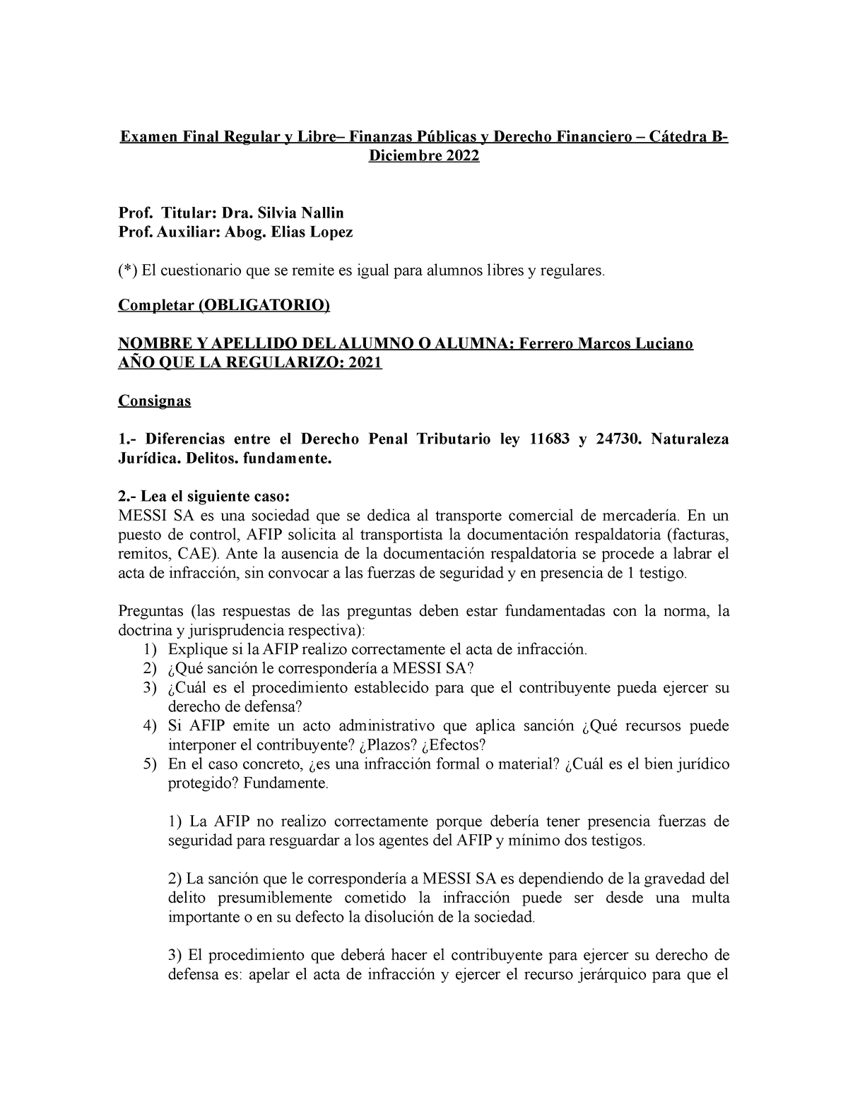 Examen Final Finanzas Catedra B 5 Turno Ordinario 2022 - Examen Final ...