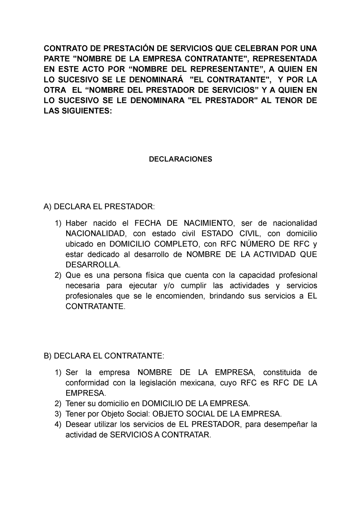 Formato de contrato de prestación de servicios - CONTRATO DE PRESTACIÓN DE  SERVICIOS QUE CELEBRAN - Studocu