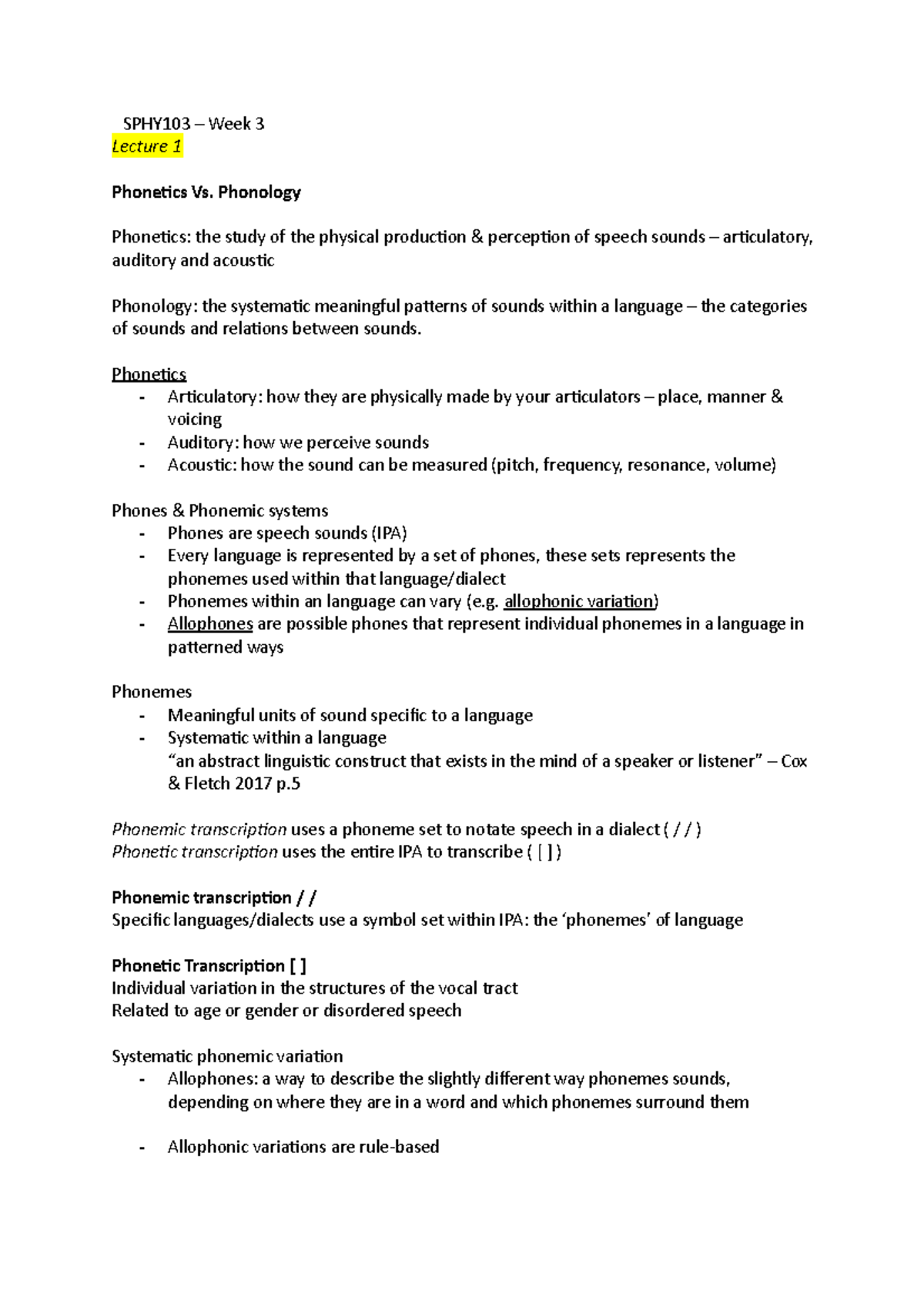 SPHY103 - Week 3 - Lecture notes 3 - SPHY103 – Week 3 Lecture 1 ...