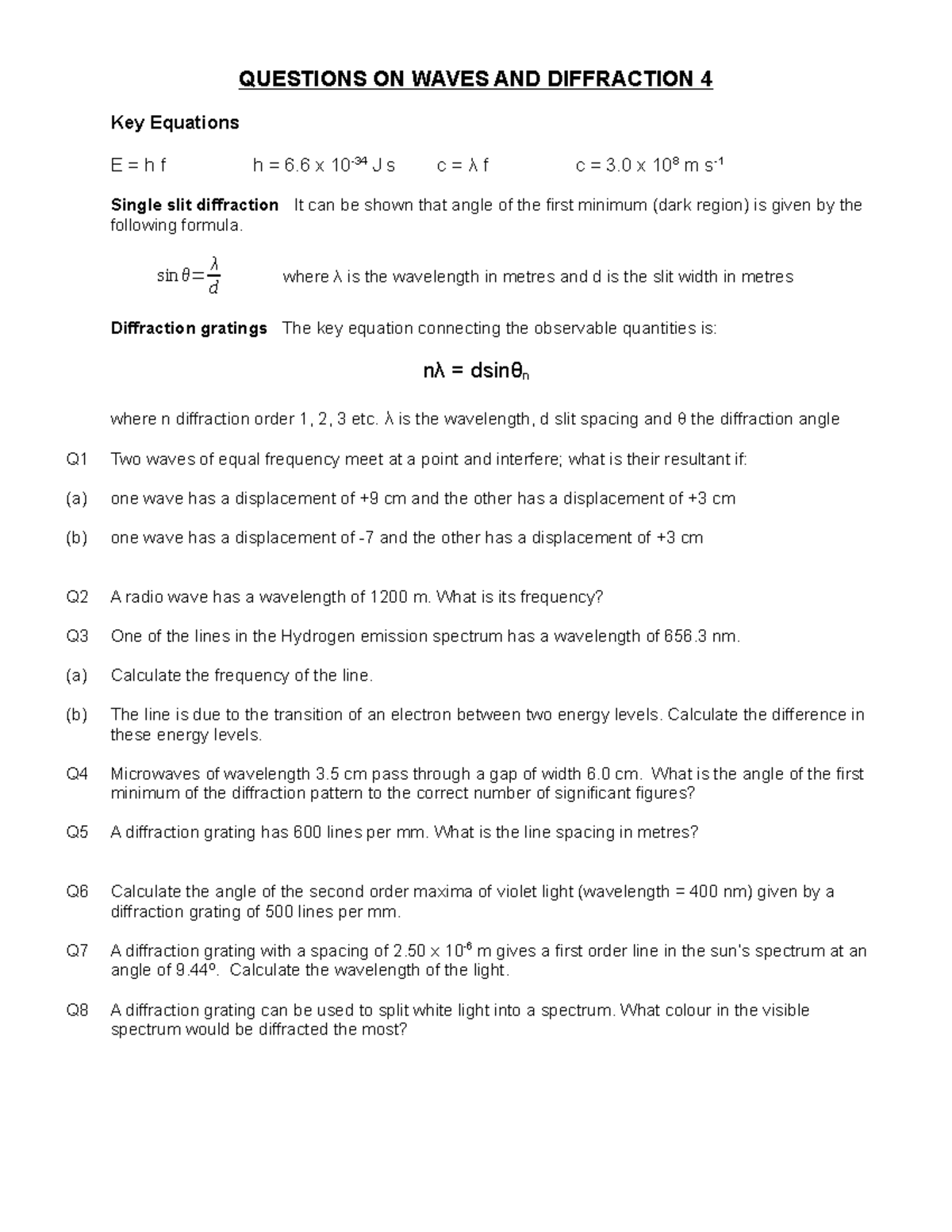 Unit 4 - Wave Calculations 4 - QUESTIONS ON WAVES AND DIFFRACTION 4 Key ...