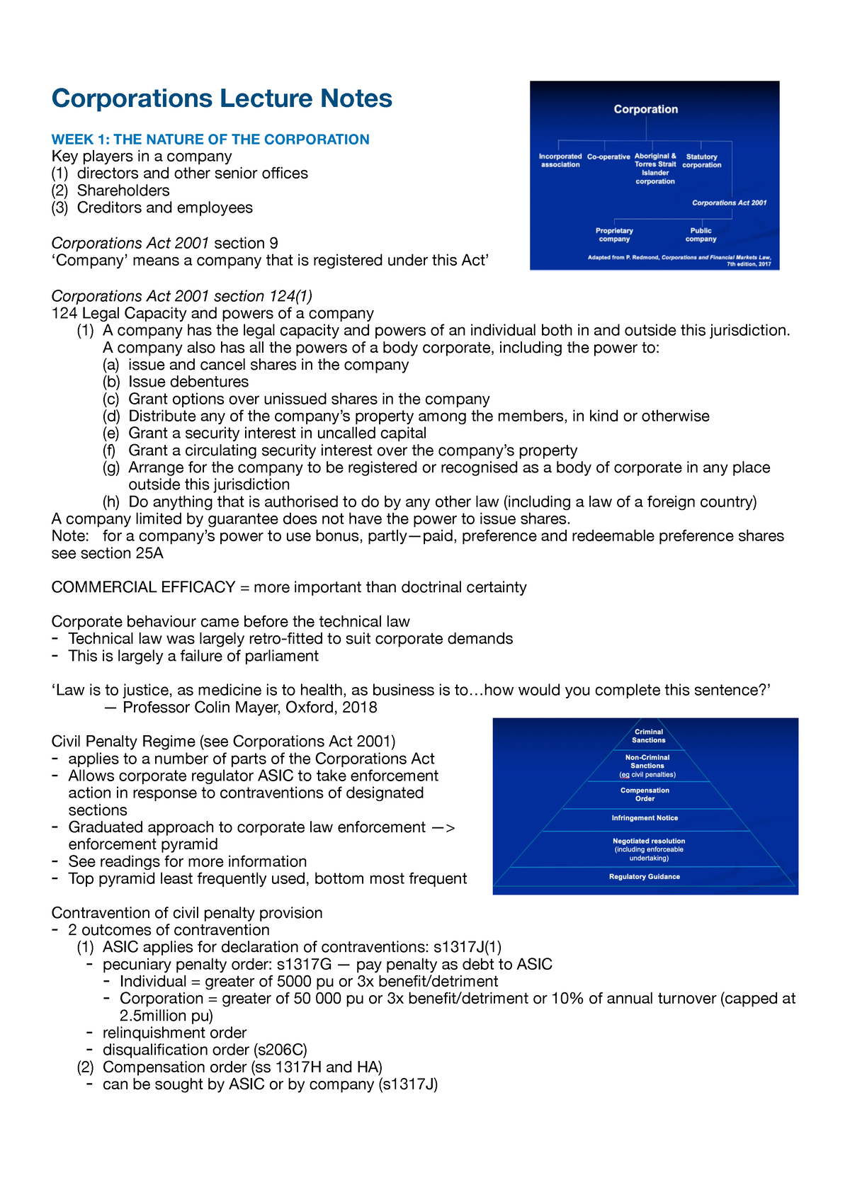 Corporations Lecture Notes - Corporations Lecture Notes WEEK 1: THE ...