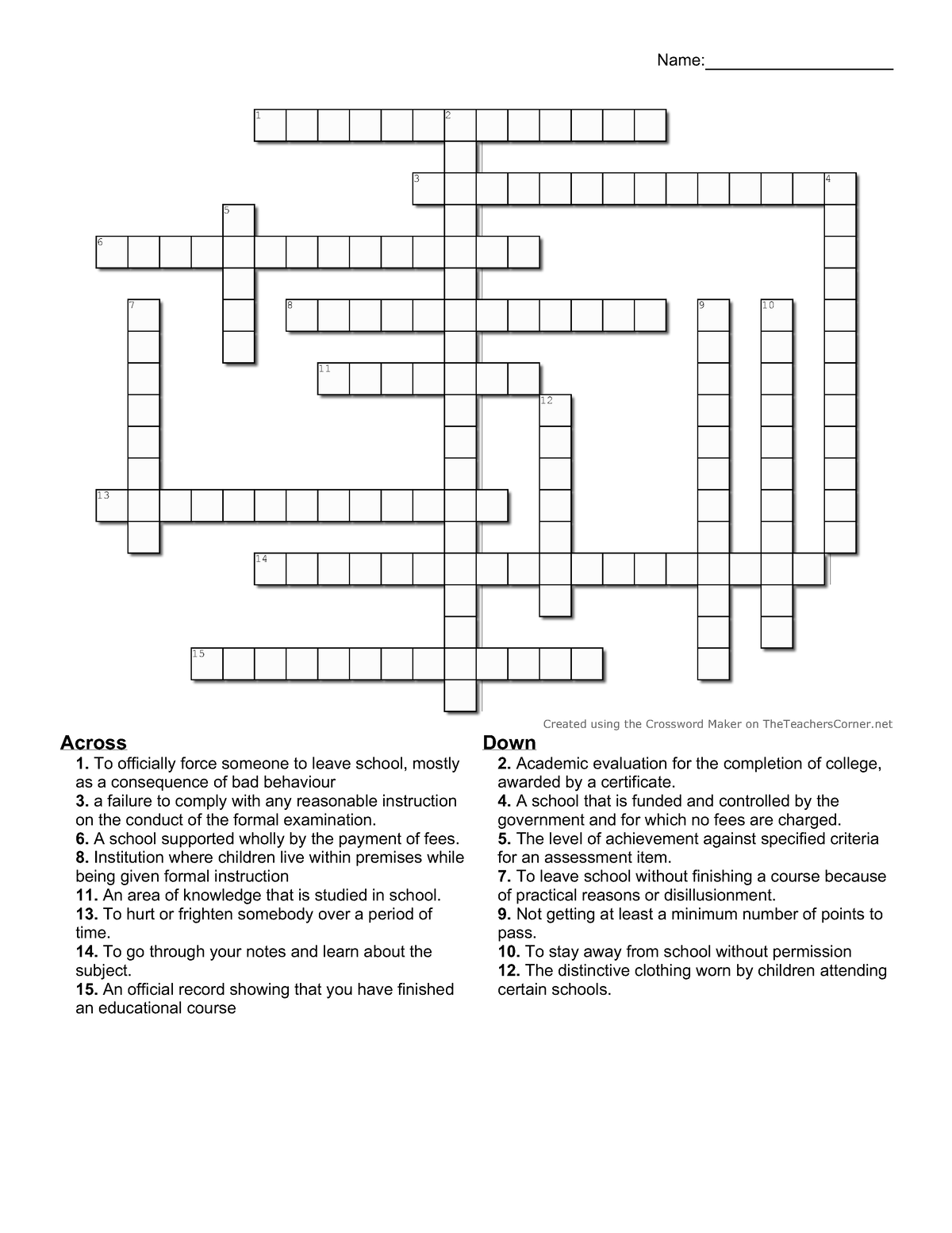 Exercise U1 - School life (crossword) - Name: 1 2 3 4 5 6 7 8 9 10 11 ...