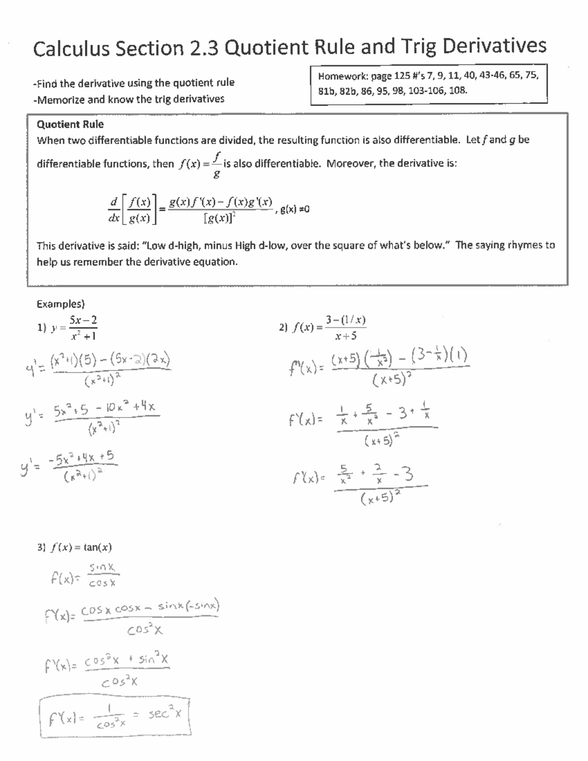 Calculus- Trig Deriatives+Quotient Rule - MATH-M 211 - Studocu