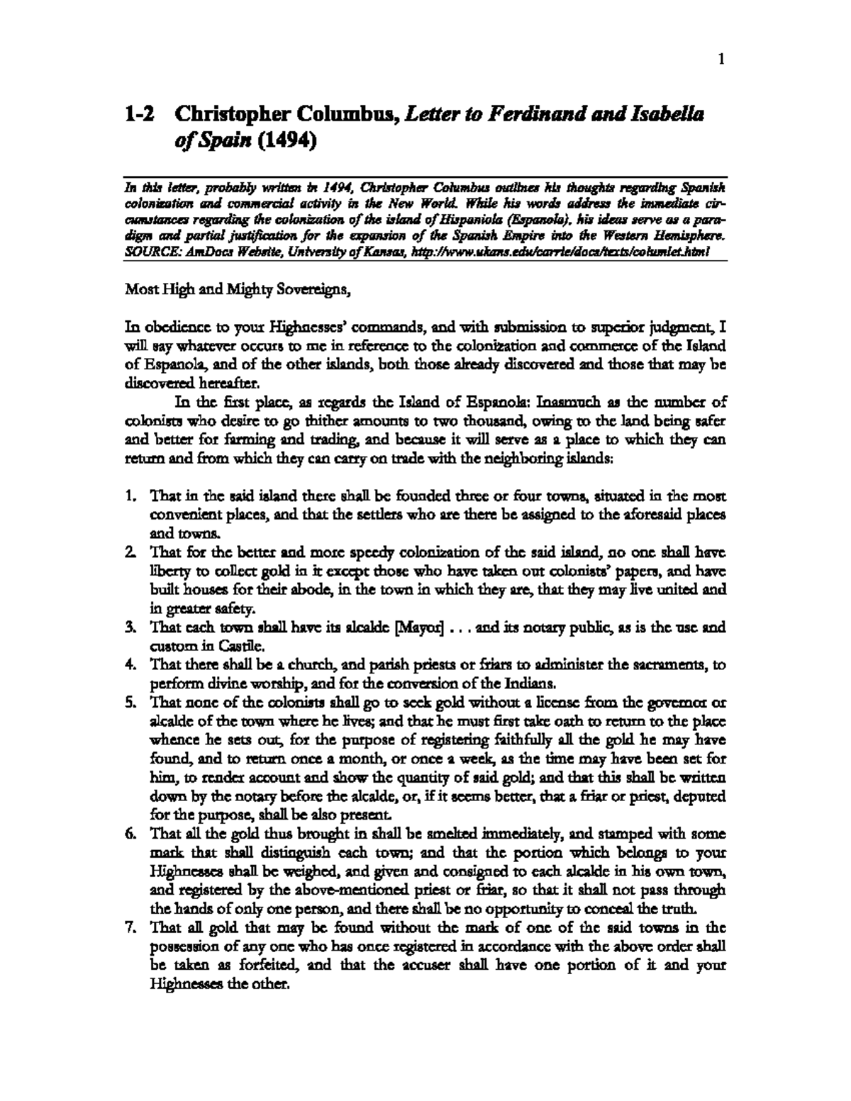 Columbus, Letter to Ferdinand and Isabella HIST007A Studocu