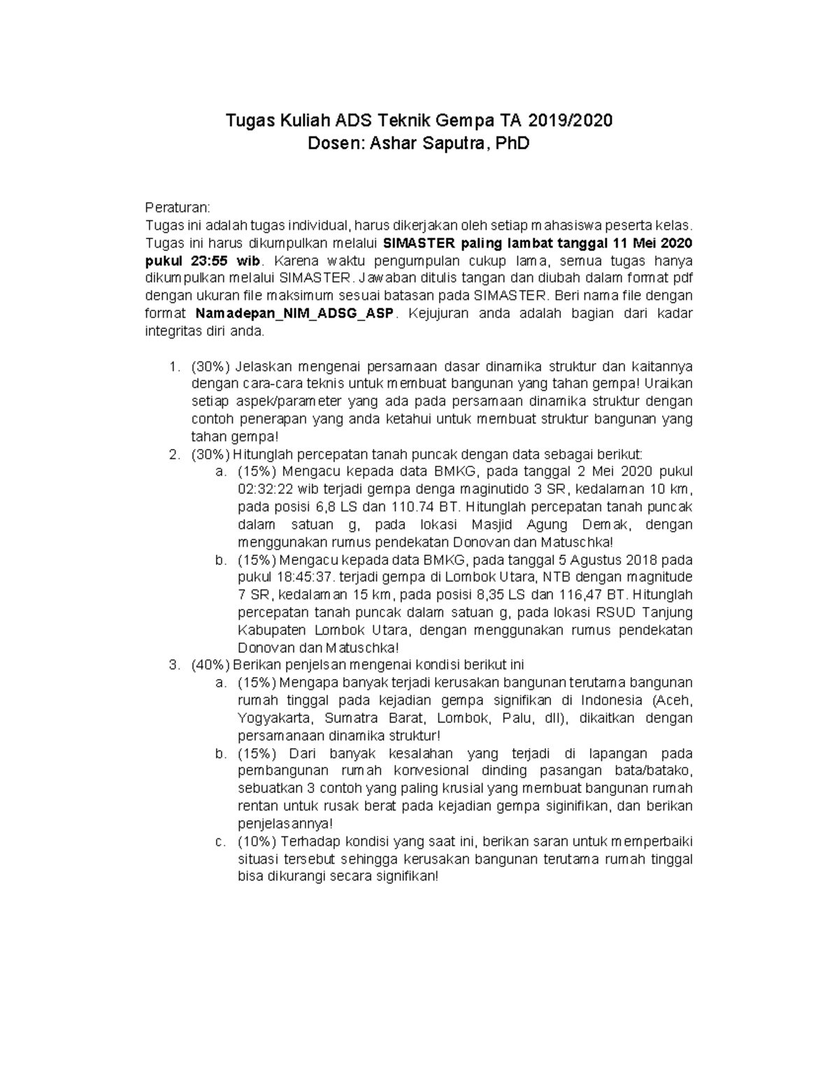 Soal UAS 2020 Analisis Dinamika Struktur Dan Teknik Gempa AST - Tugas ...