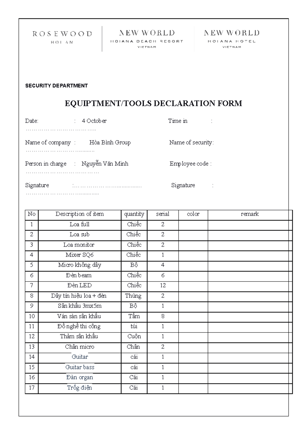 Equiptment Tools Declaration NEW SECURITY DEPARTMENT EQUIPTMENT