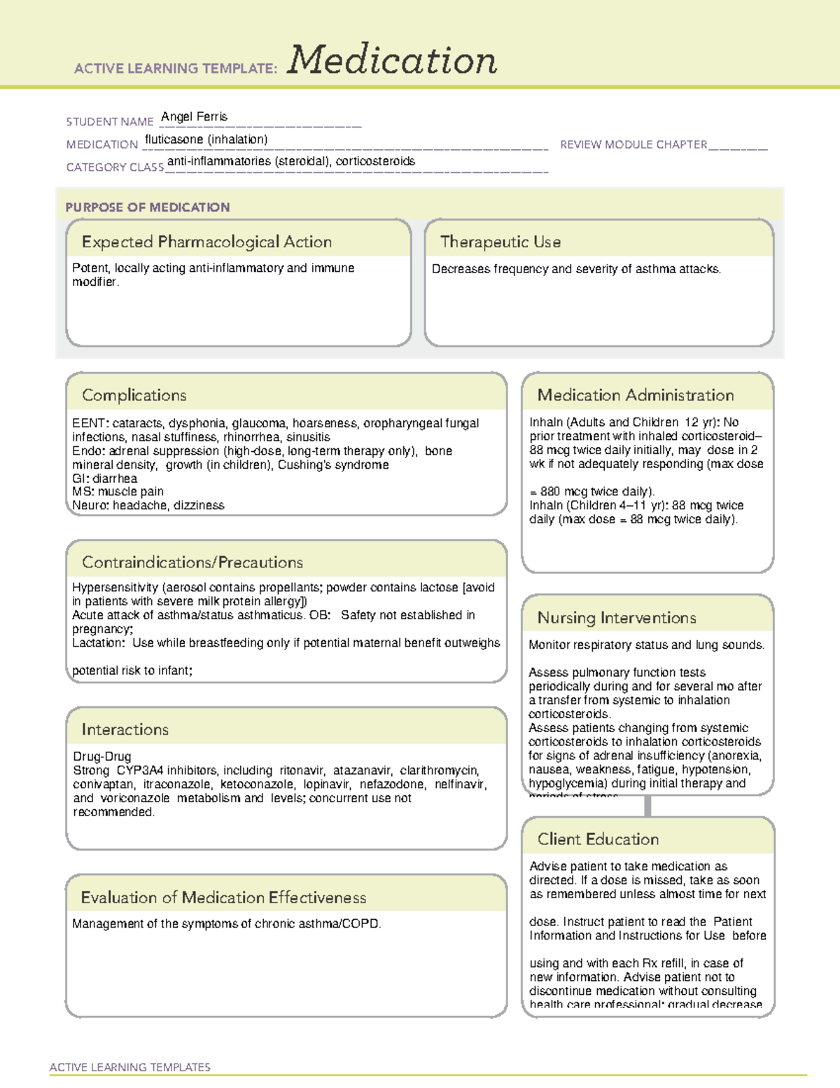 Fluticasone inhalation ACTIVE LEARNING TEMPLATES Medication STUDENT