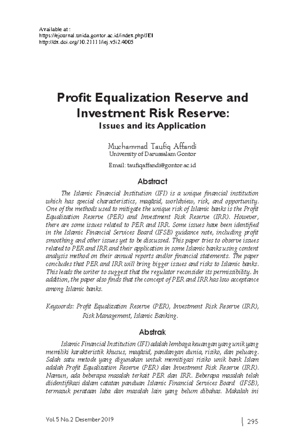 Profit Equalization Ratio Vol. 5 No. 2 Desember 2019 295 Profit