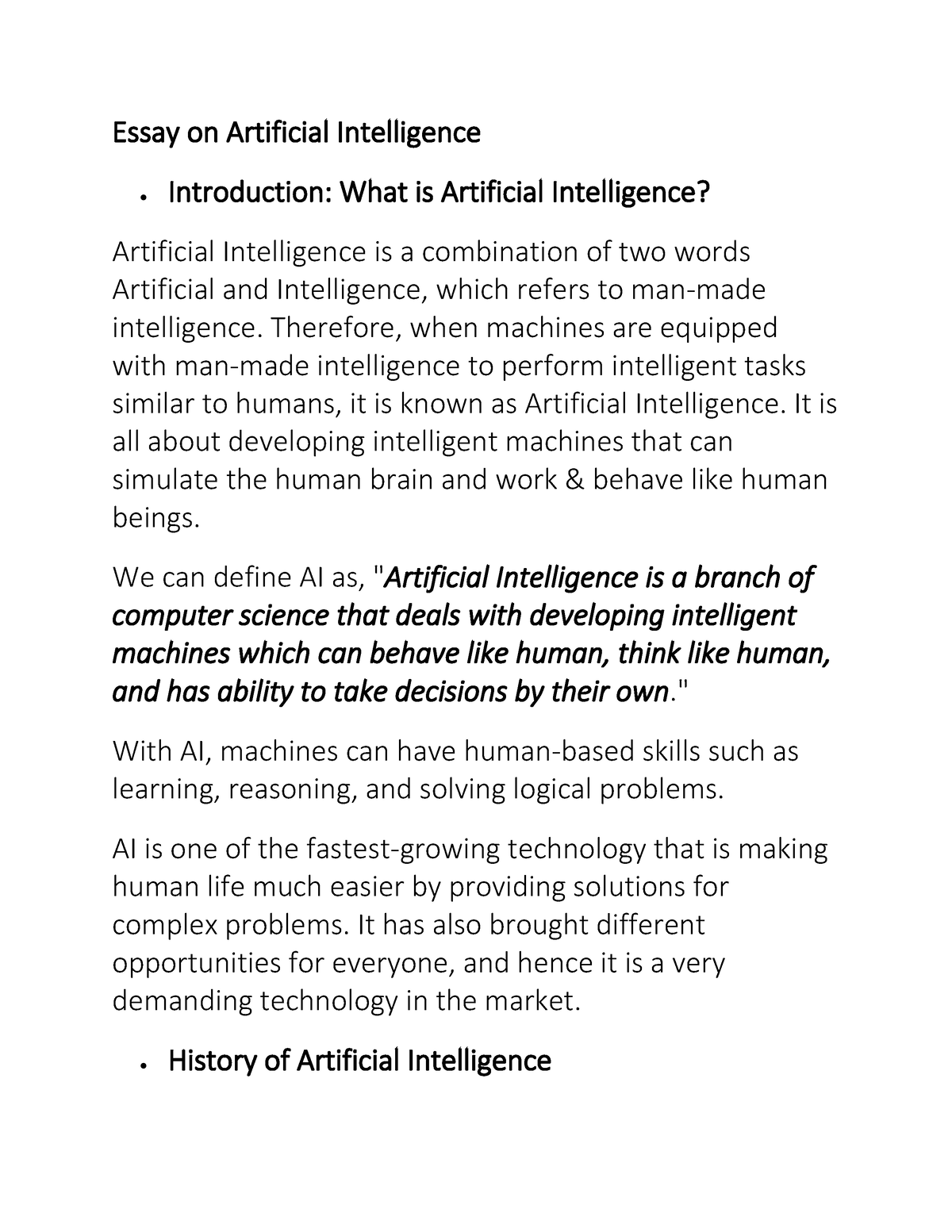 an essay about artificial intelligence