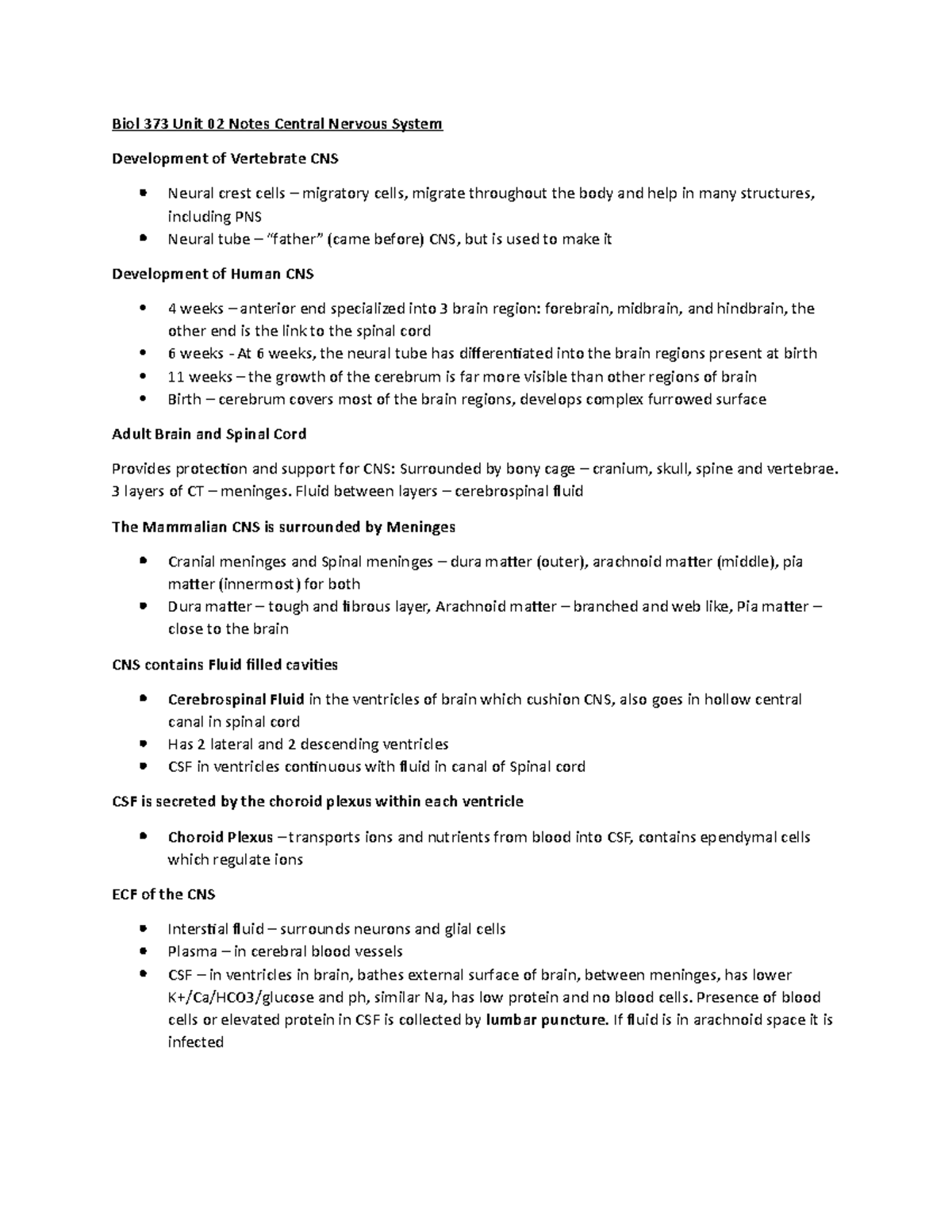 Biol 373 Unit 02 Notes - Biol 373 Unit 02 Notes Central Nervous System ...