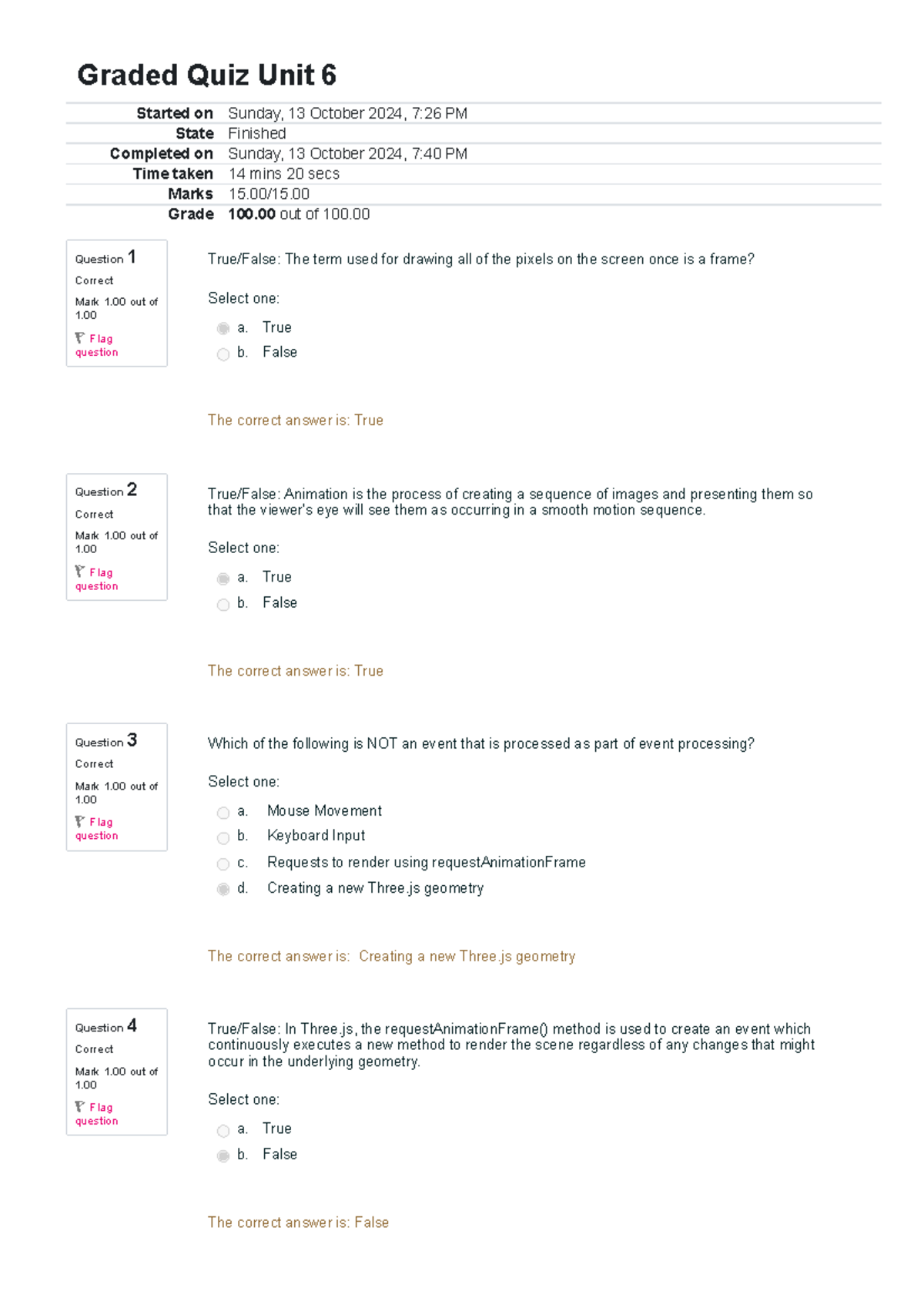Graded Quiz Unit 6 Question 1 Correct Mark 1 out of 1. Flag question