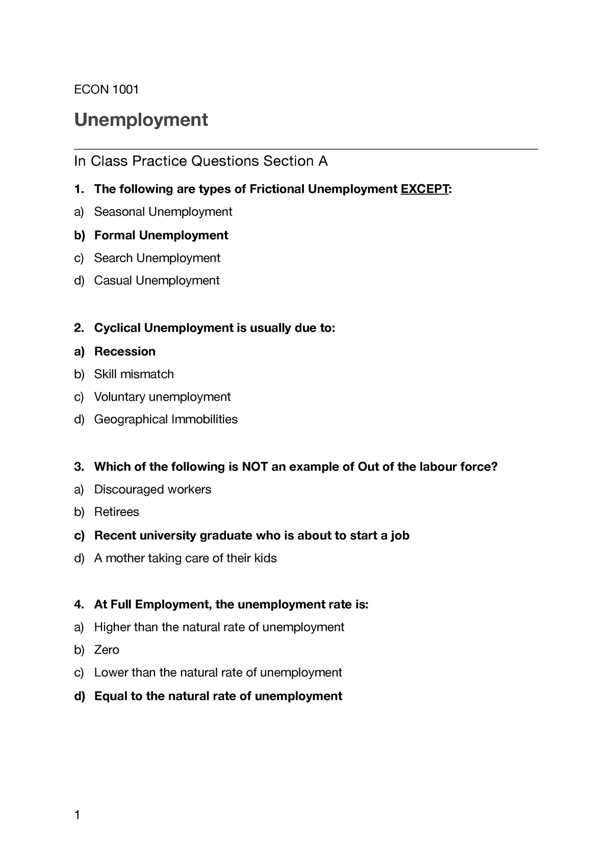 unemployment assignment answers