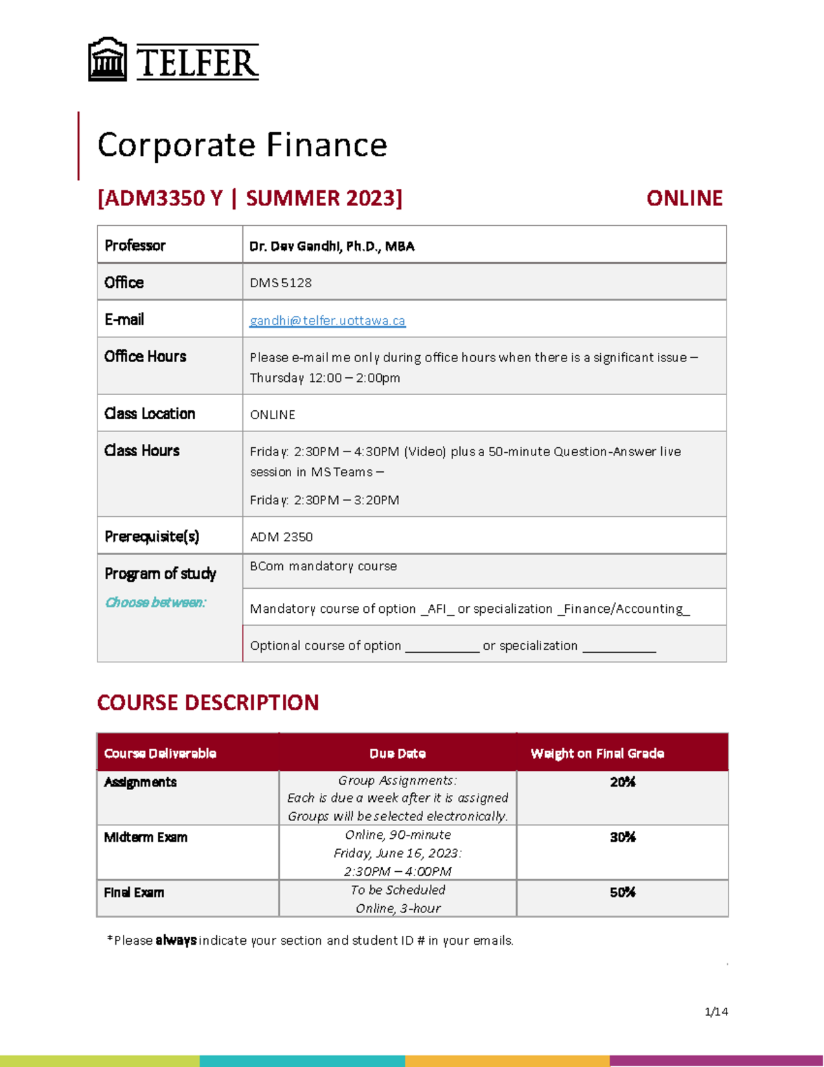 ADM3350 - S23- Course Syllabus Section Y-2 - Corporate Finance [ADM3350 ...