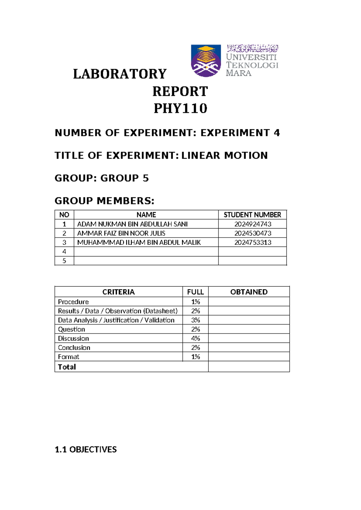 Phy110 11111111 tutorial laboratory report phy number of experiment