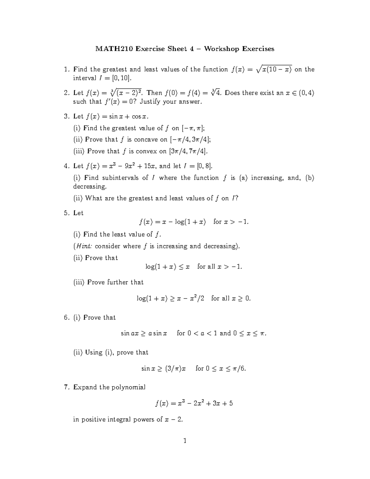 Math210 Exercise Sheet 4 Math210 Exercise Sheet 4 Workshop