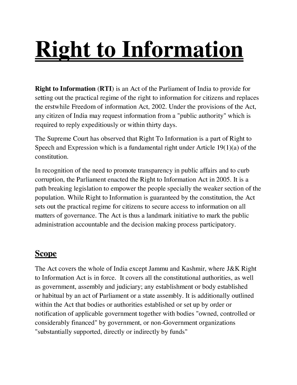 right to information act assignment