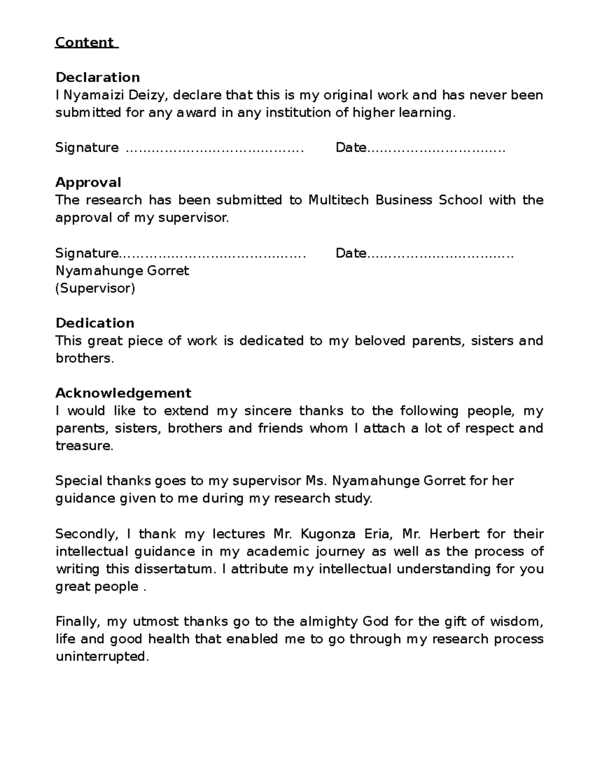 Content - student notes - Content Declaration I Nyamaizi Deizy, declare ...