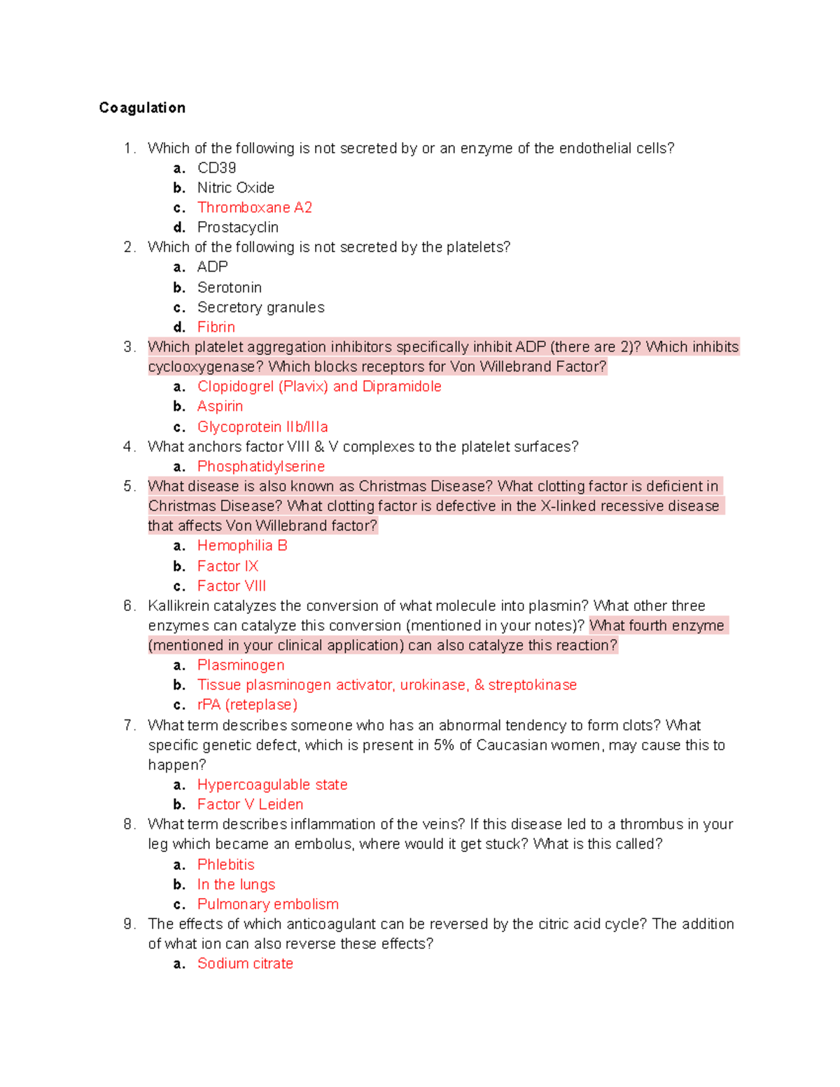 Physiology Practice Questions Exam 3 Answers - Coagulation Which of the ...